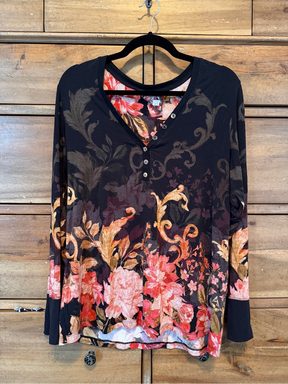Johnny Was Black Floral V-Neck Long Sleeve Top